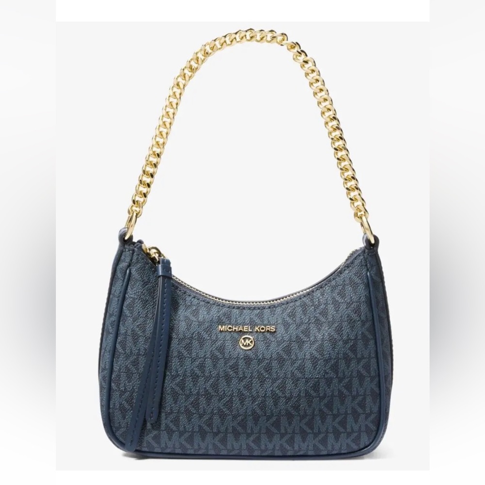 New Michael Kors Jet Set Charm Small Logo Pochette Admiral / Pale Blue / Gold - Picture 1 of 3